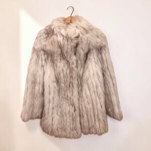 Vintage Blue Fox Fur Coat Medium Length Silver Women's Small